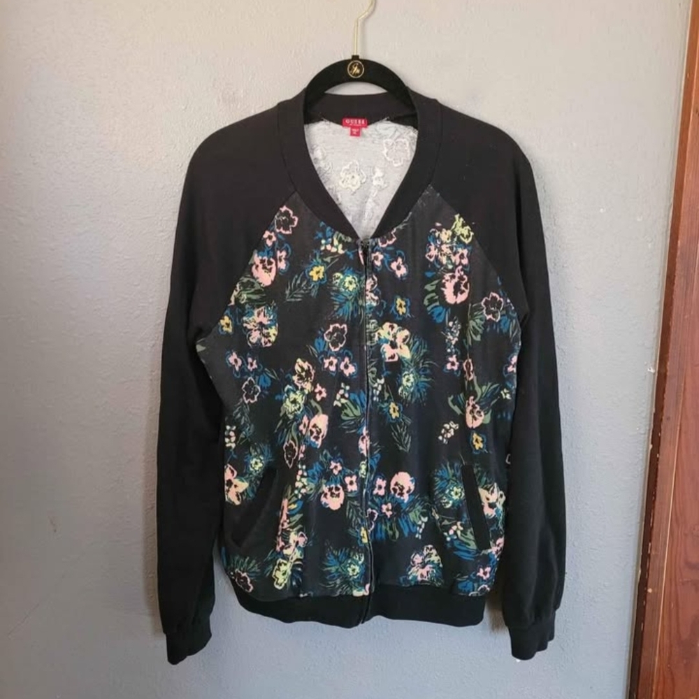 Guess Black Floral Bomber Sweater Women's Size XL
